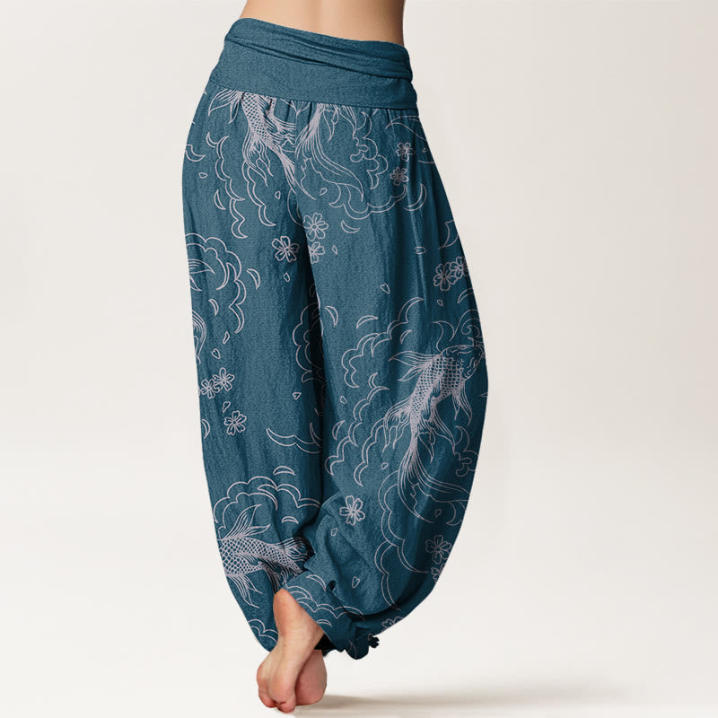 Buddha Stones Cotton Casual Koi Fish Waves And Petal Line Pattern Women's Elastic Waist Harem Pants - image 9
