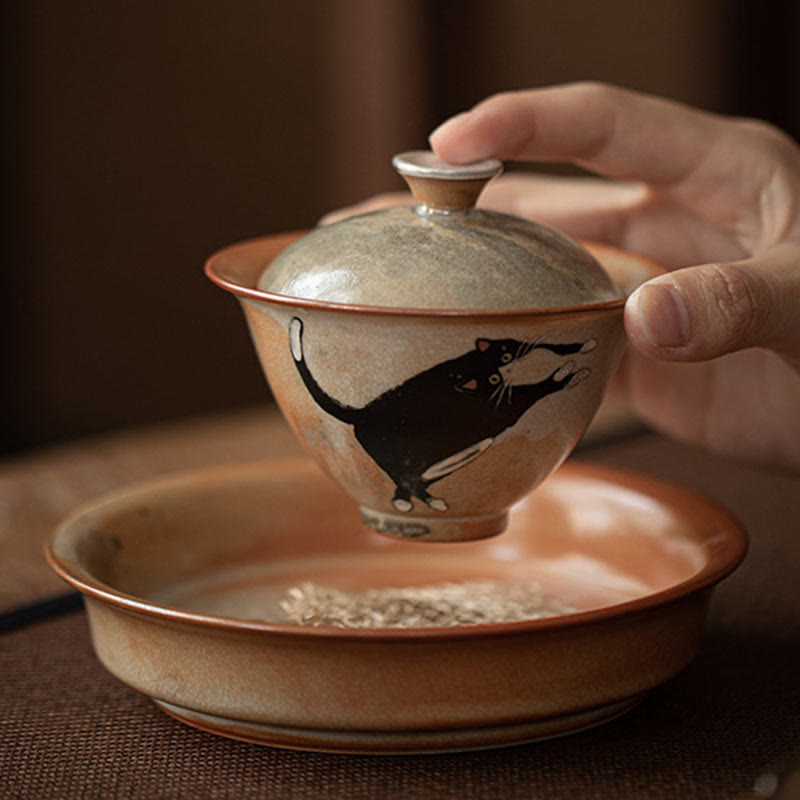 Foviel Cute Cat Ceramic Gaiwan Teacup Kung Fu Tea Cup With Lid 130ml