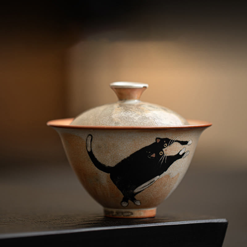 Gaiwan à thé en céramique Foviel motif chat mignon avec couvercle, 130 ml