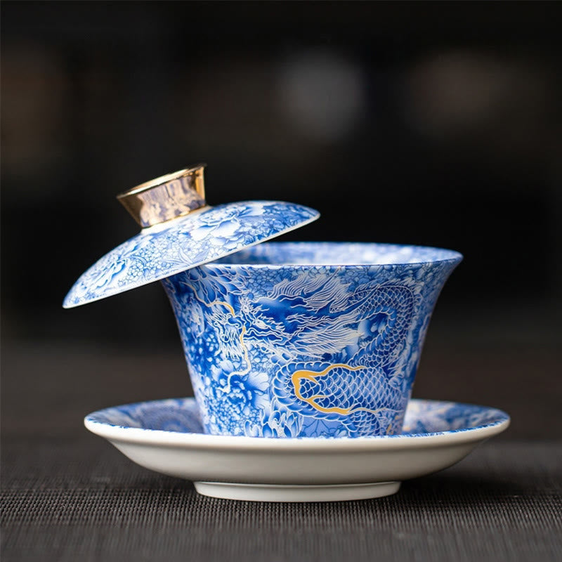 Gaiwan en céramique Foviel style Dunhuang avec dragons, bouddhas et thangka, tasse à thé Kung Fu Sancai avec soucoupe et couvercle, coffret cadeau 180 ml