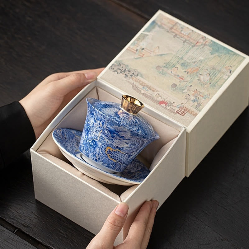 Gaiwan en céramique Foviel style Dunhuang avec dragons, bouddhas et thangka, tasse à thé Kung Fu Sancai avec soucoupe et couvercle, coffret cadeau 180 ml