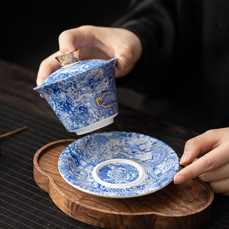 Gaiwan en céramique Foviel style Dunhuang avec dragons, bouddhas et thangka, tasse à thé Kung Fu Sancai avec soucoupe et couvercle, coffret cadeau 180 ml