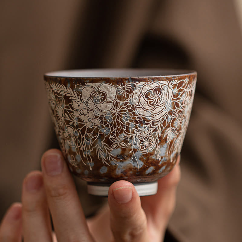 Foviel Brown Flowers In Full Bloom Teacup Kung Fu Tea Cup 100ml With Gift Box