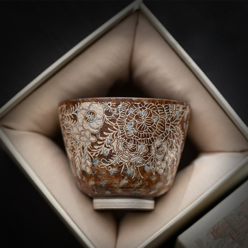 Foviel Brown Flowers In Full Bloom Teacup Kung Fu Tea Cup 100ml With Gift Box