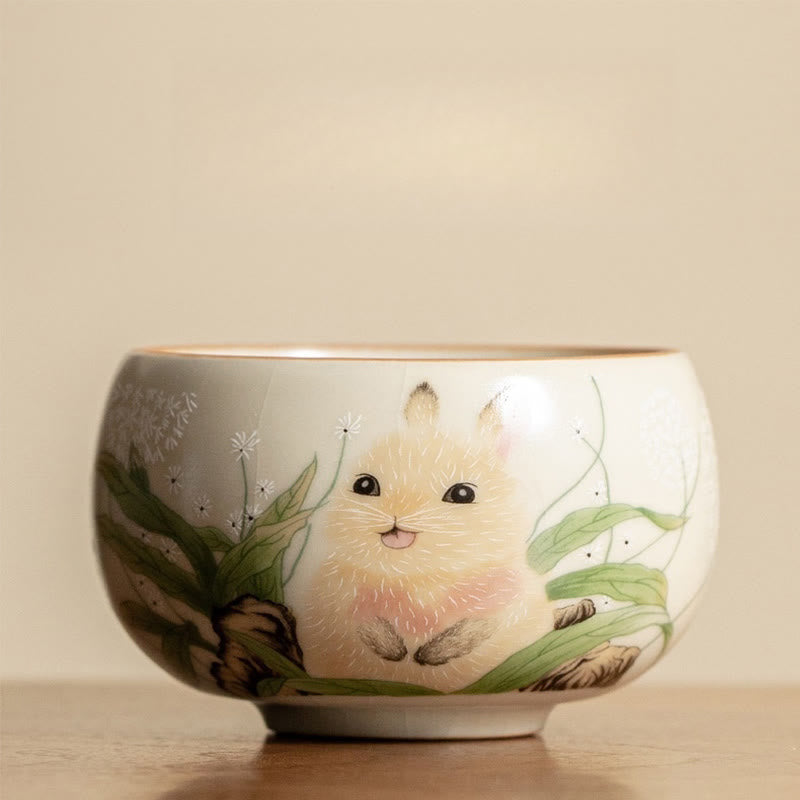 Foviel Cute Cat Yellow Flowers Rabbit Teacup Kung Fu Tea Cup