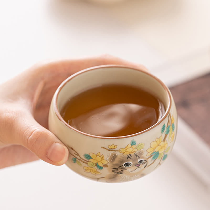Foviel Cute Cat Yellow Flowers Rabbit Teacup Kung Fu Tea Cup