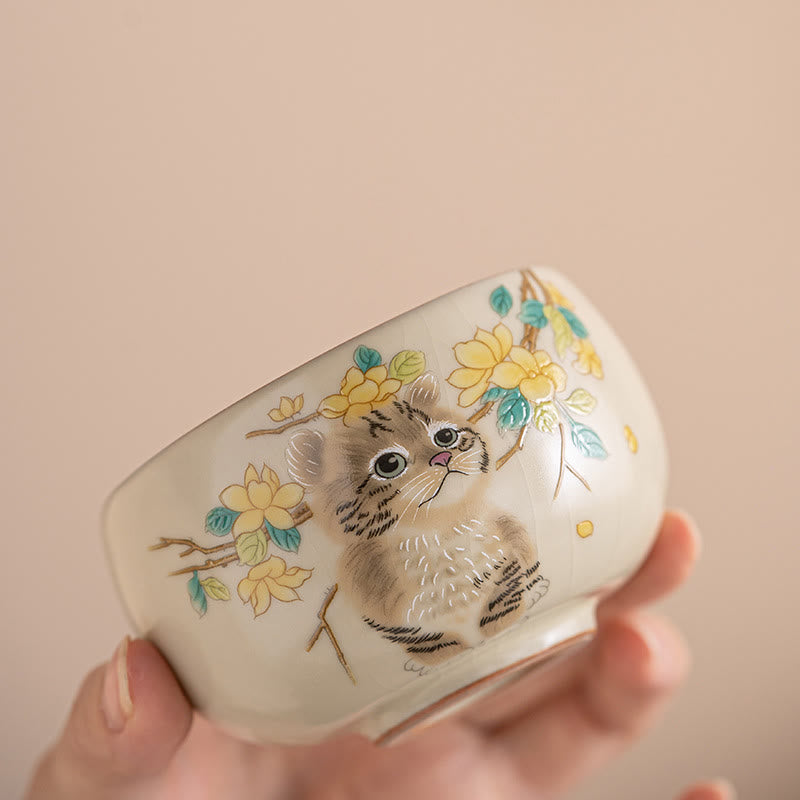 Tasse à thé Kung Fu Foviel, motif chat mignon, fleurs jaunes et lapin