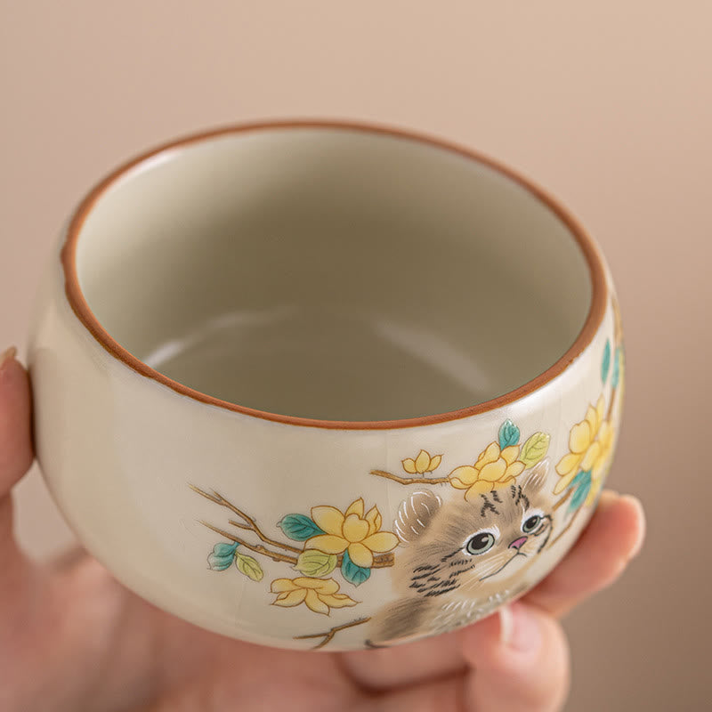 Tasse à thé Kung Fu Foviel, motif chat mignon, fleurs jaunes et lapin