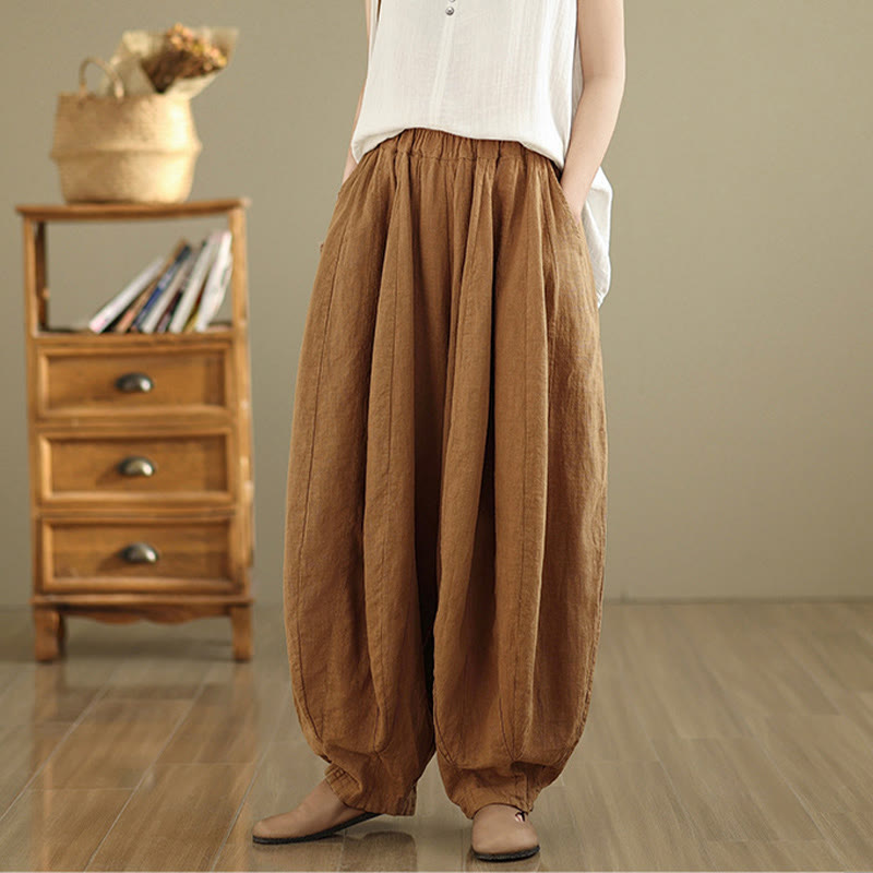 Pantalon large pour femme Foviel en coton et lin, motif lanterne patchwork vintage avec poches