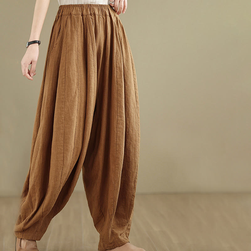 Pantalon large pour femme Foviel en coton et lin, motif lanterne patchwork vintage avec poches