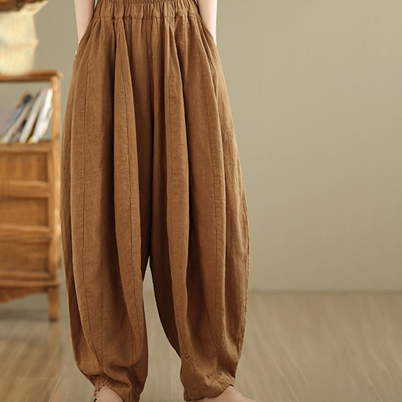 Pantalon large pour femme Foviel en coton et lin, motif lanterne patchwork vintage avec poches