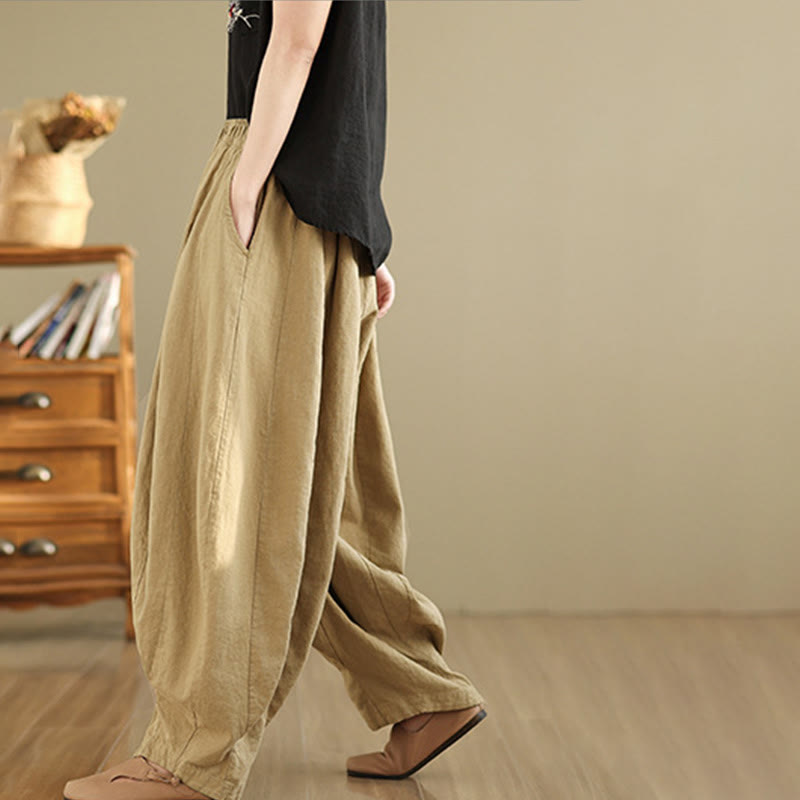 Pantalon large pour femme Foviel en coton et lin, motif lanterne patchwork vintage avec poches