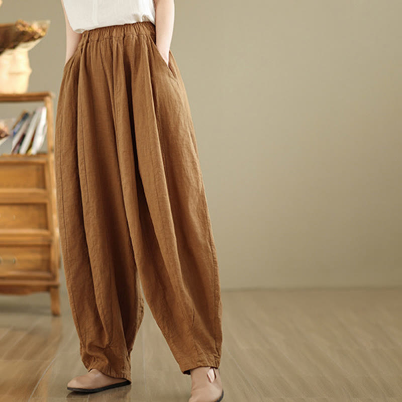Pantalon large pour femme Foviel en coton et lin, motif lanterne patchwork vintage avec poches
