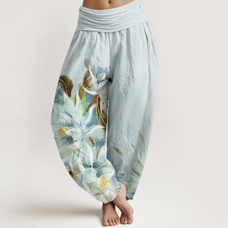 Buddha Stones Cotton Epiphyllum Flowers Design Women's Elastic Waist Harem Pants - LightCyan - US22,UK/AU26,EU54 (6XL) - image 0