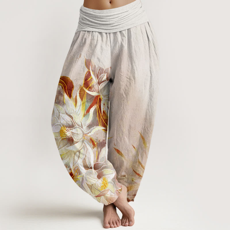 Buddha Stones Cotton Epiphyllum Flowers Design Women's Elastic Waist Harem Pants - Beige - US22,UK/AU26,EU54 (6XL) - image 4