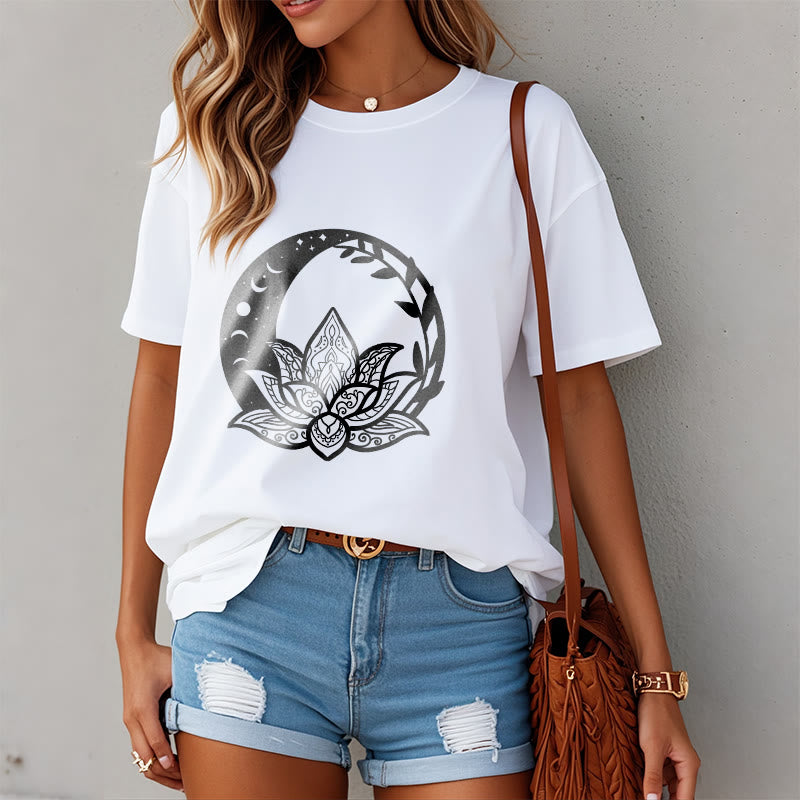 T-shirt Foviel motif fleurs de lotus, soleil, lune et vignes entrelacées