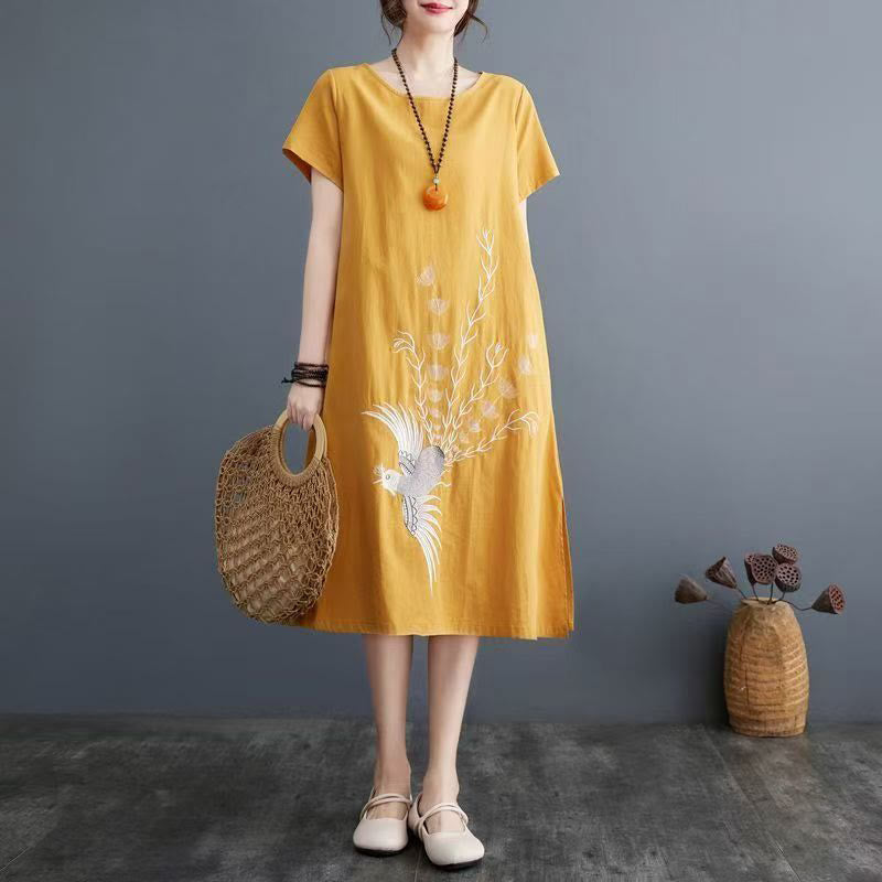 Foviel Summer Printing Phoenix Pattern Short Sleeve Midi Dress