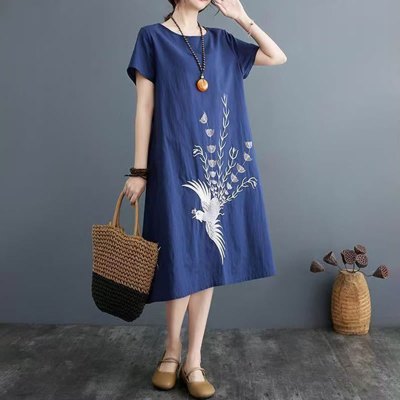 Foviel Summer Printing Phoenix Pattern Short Sleeve Midi Dress