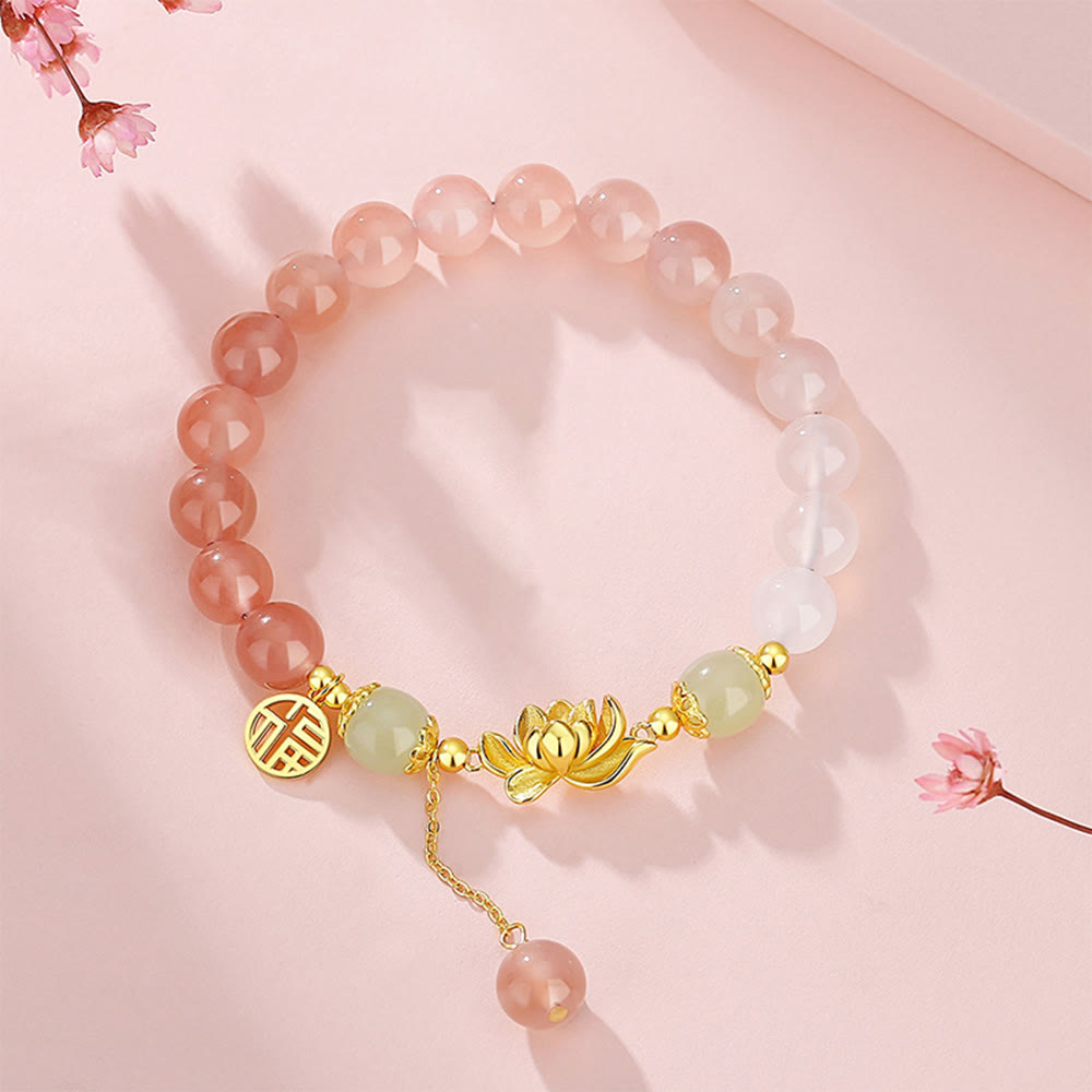 Foviel 925 Sterling Silver Natural Gradient Agate Hetian Jade Lotus Fu Character Enlightenment Bracelet