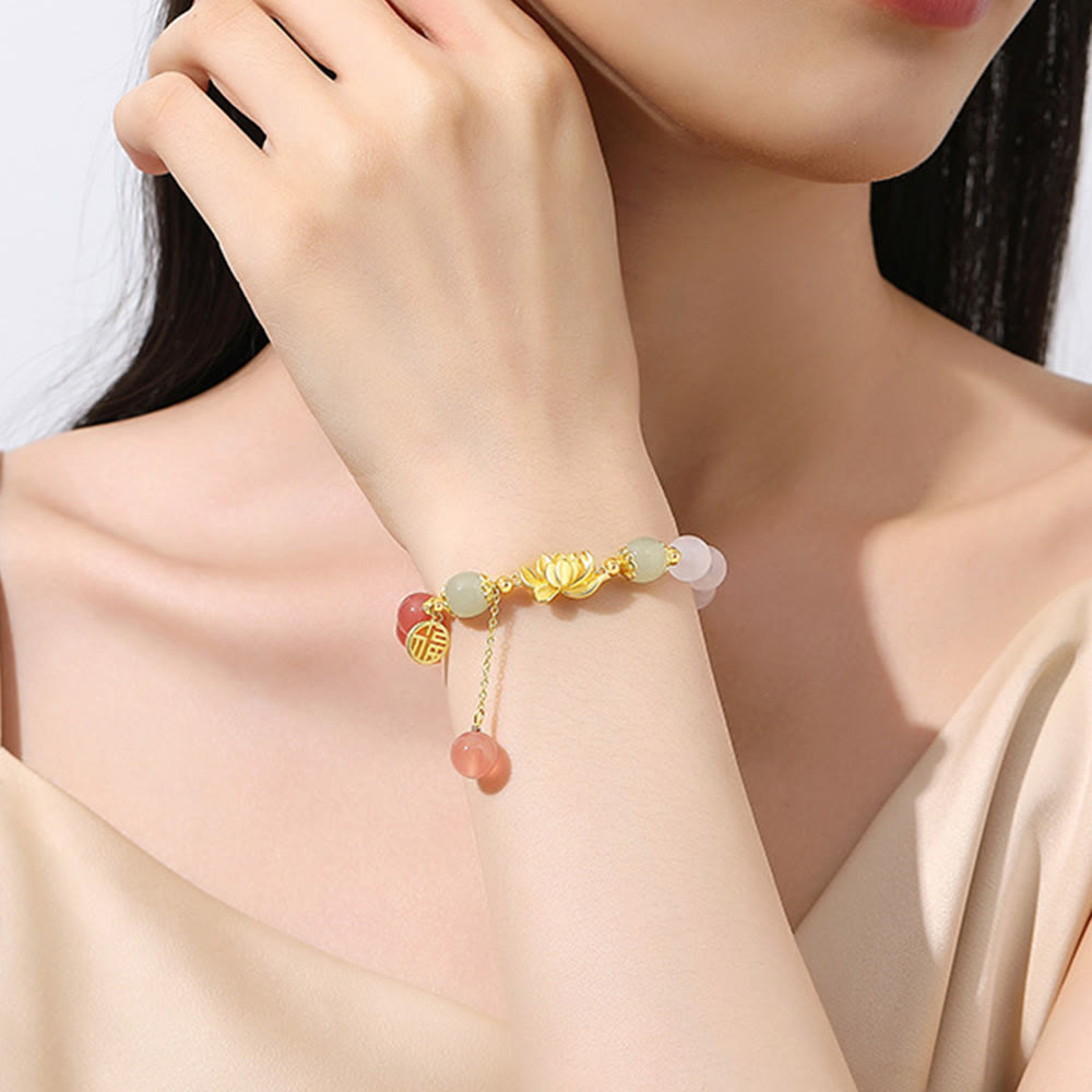 Bracelet Foviel en argent sterling 925 avec agate naturelle à dégradé, jade de Hetian, lotus et caractère chinois Fu, symbole d'éveil
