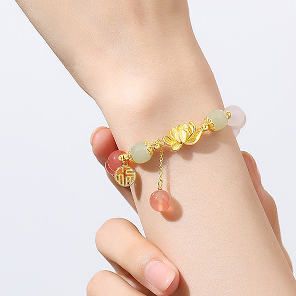 Bracelet Foviel en argent sterling 925 avec agate naturelle à dégradé, jade de Hetian, lotus et caractère chinois Fu, symbole d'éveil