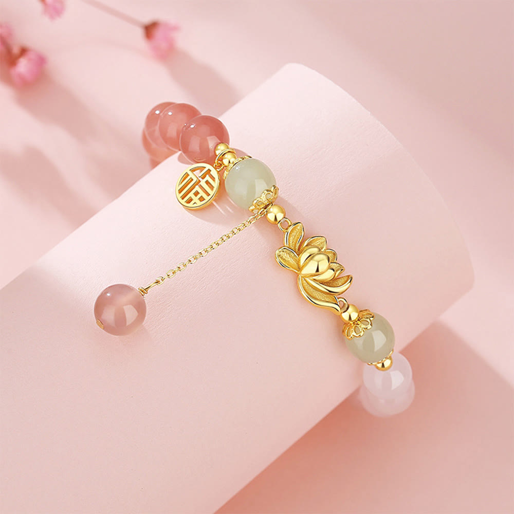 Foviel 925 Sterling Silver Natural Gradient Agate Hetian Jade Lotus Fu Character Enlightenment Bracelet