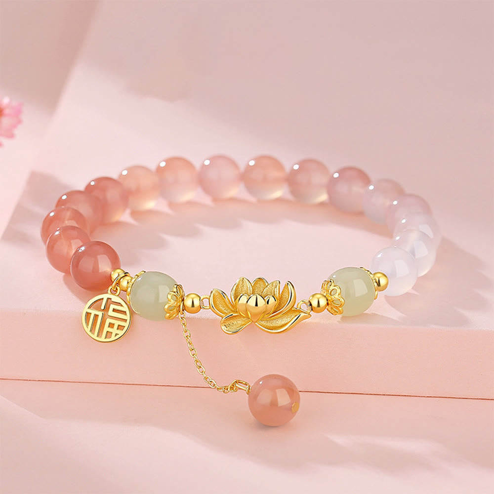 Foviel 925 Sterling Silver Natural Gradient Agate Hetian Jade Lotus Fu Character Enlightenment Bracelet