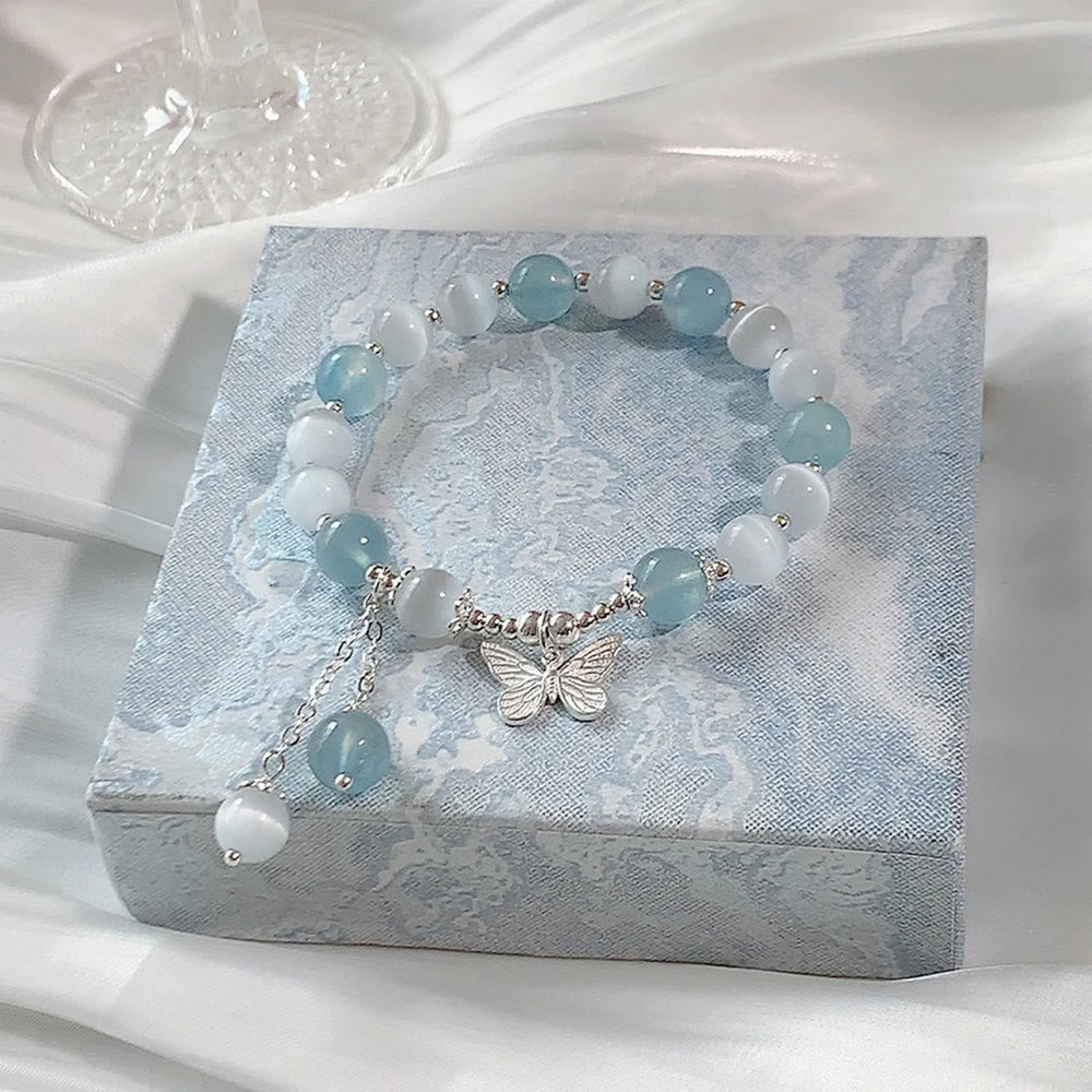 Foviel Cat's Eye Aquamarine Butterfly Charm Support Bracelet