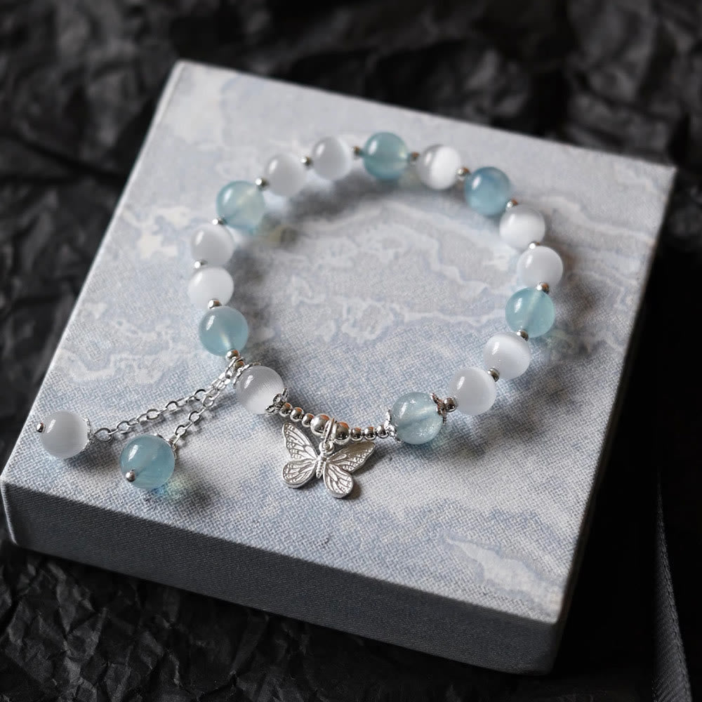 Bracelet de soutien Foviel avec charm papillon en aigue-marine œil de chat