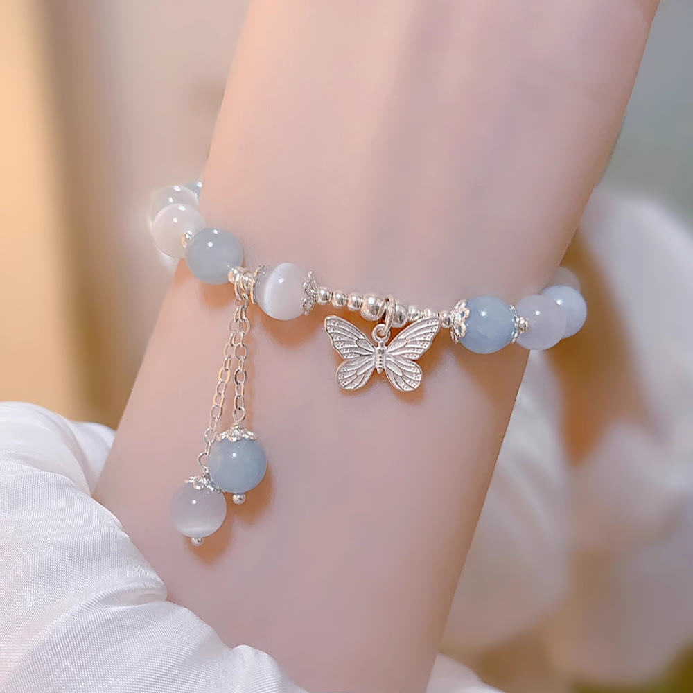 Bracelet de soutien Foviel avec charm papillon en aigue-marine œil de chat