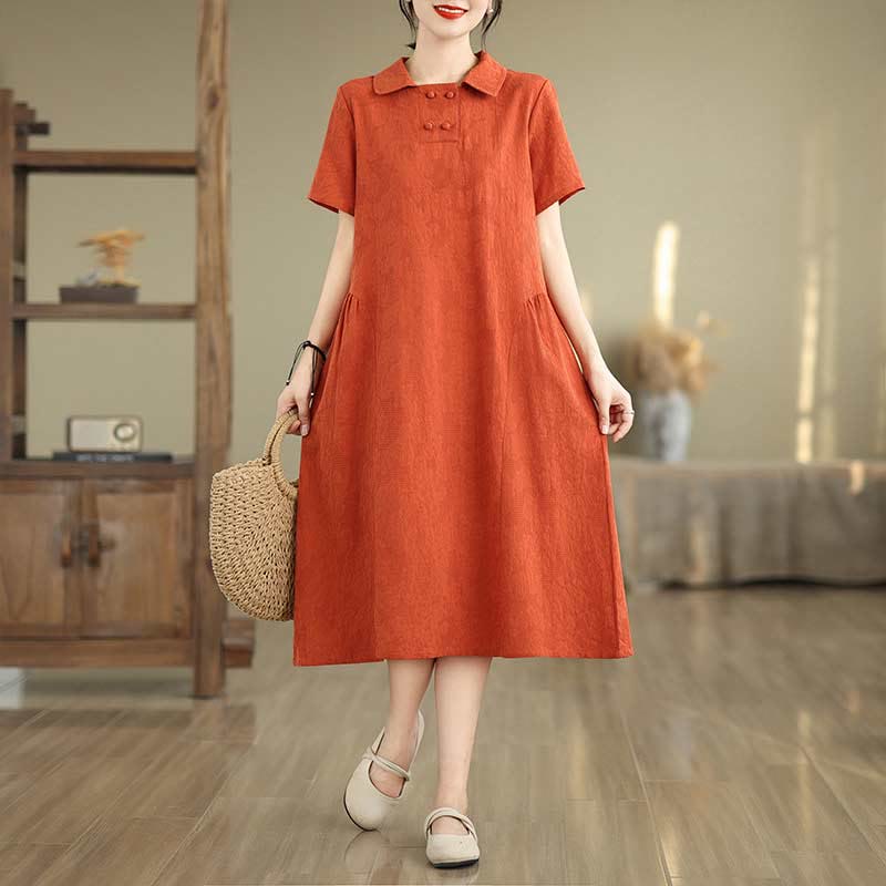 Buddha Stones Plain Jacquard Lapel Cotton Linen Short Sleeve Midi Dress With Pockets - OrangeRed - US8-10,UK/AU12-14,EU40-42 (2XL) - image 11