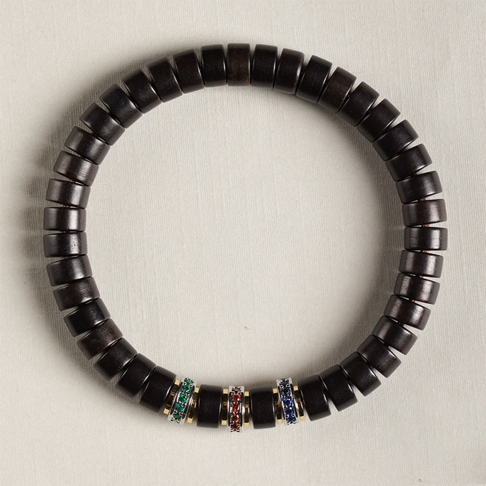 Bracelet de paix Foviel en bois d'ébène et bois de santal rouge à petites feuilles avec zircon