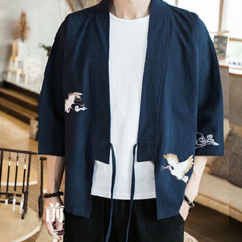 Foviel Embroidery Open Front Jacket Men's Three Quarter Sleeve Kimono