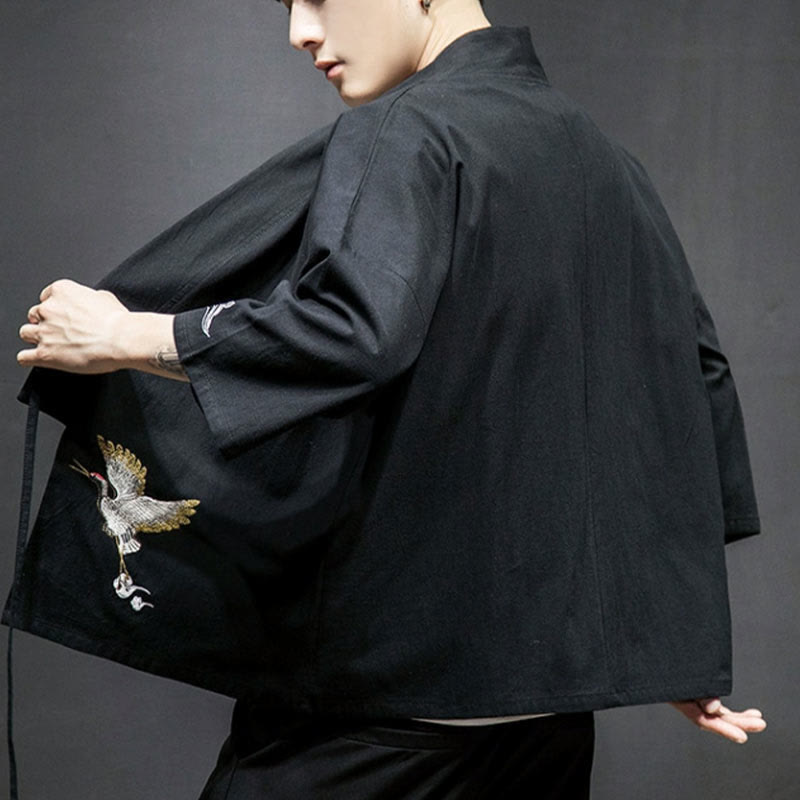 Foviel Stickerei öffnen Front Jacke Herren Dreiviertel Ärmel Kimono