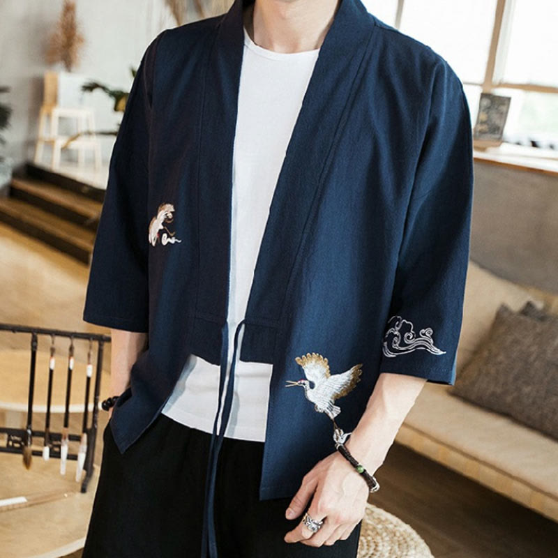 Foviel Stickerei öffnen Front Jacke Herren Dreiviertel Ärmel Kimono