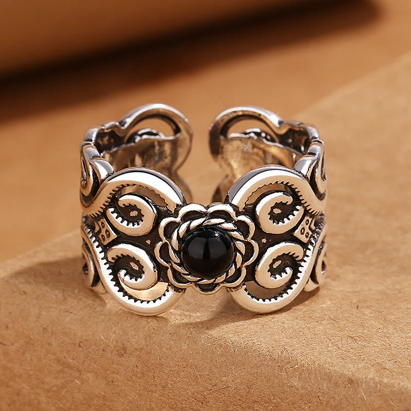 Foviel Schwarze Onyx Kupfer Mongolisches Muster verstellbarer Fortune Ring