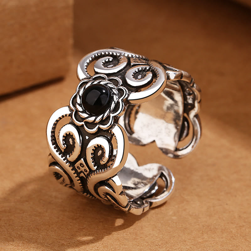 Foviel Schwarze Onyx Kupfer Mongolisches Muster verstellbarer Fortune Ring