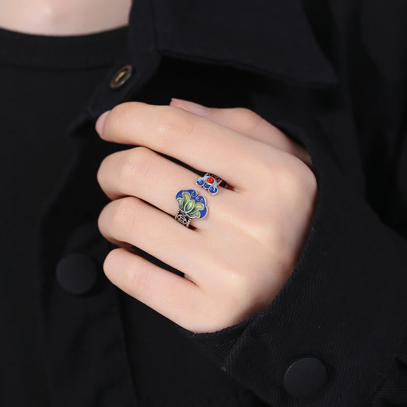 Bague ajustable Foviel à motif de fleur de lotus, pièces de monnaie en cuivre et manche Ruyi, symbole d'éveil