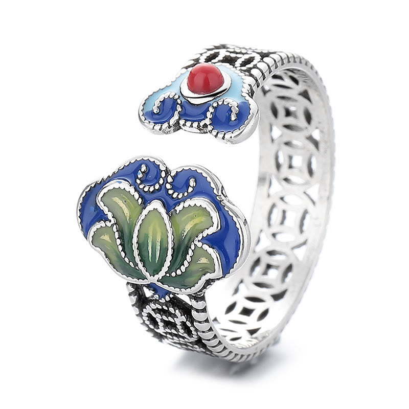 Bague ajustable Foviel à motif de fleur de lotus, pièces de monnaie en cuivre et manche Ruyi, symbole d'éveil