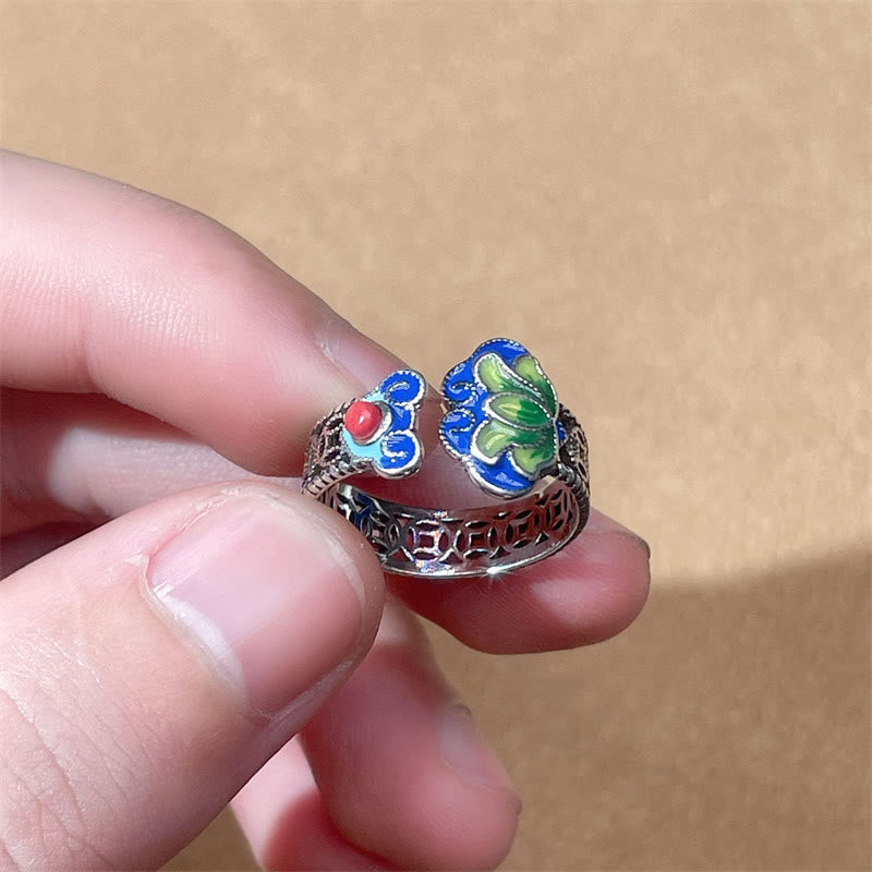 Bague ajustable Foviel à motif de fleur de lotus, pièces de monnaie en cuivre et manche Ruyi, symbole d'éveil