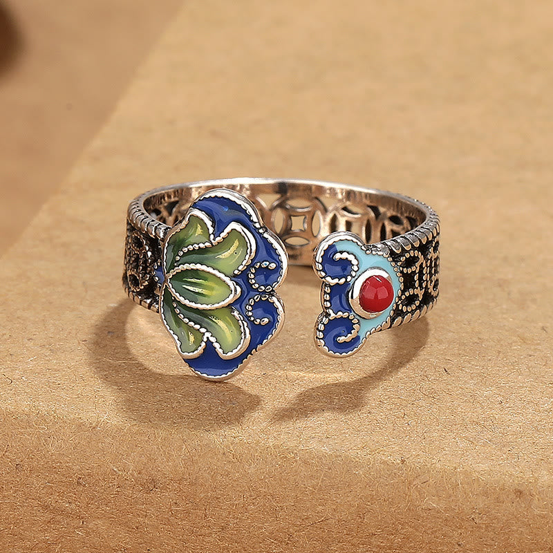 Bague ajustable Foviel à motif de fleur de lotus, pièces de monnaie en cuivre et manche Ruyi, symbole d'éveil