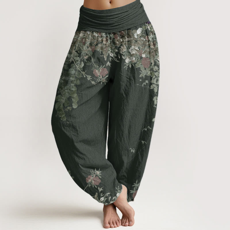 Buddha Stones Pure Cotton Casual Red Peony Flower Vine Design Women's Elastic Waist Harem Pants - CadetBlue - US22,UK/AU26,EU54 (6XL) - image 6