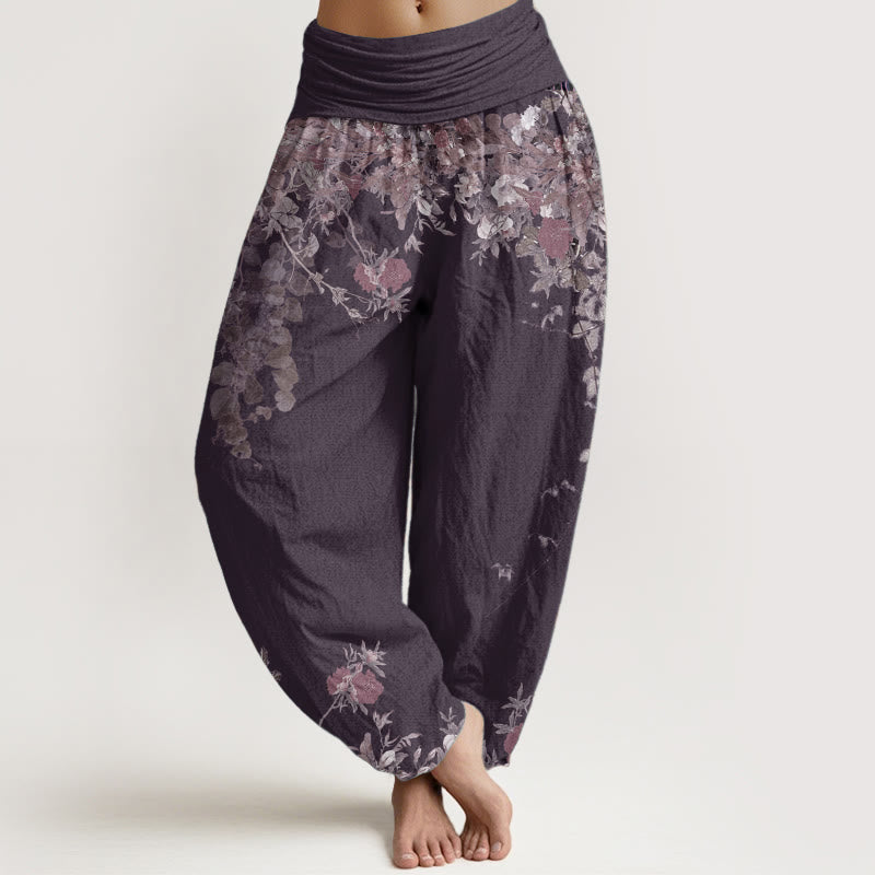 Buddha Stones Pure Cotton Casual Red Peony Flower Vine Design Women's Elastic Waist Harem Pants - DarkMagenta - US22,UK/AU26,EU54 (6XL) - image 9