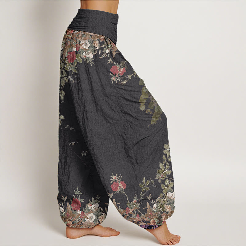 Buddha Stones Pure Cotton Casual Red Peony Flower Vine Design Women's Elastic Waist Harem Pants - image 2