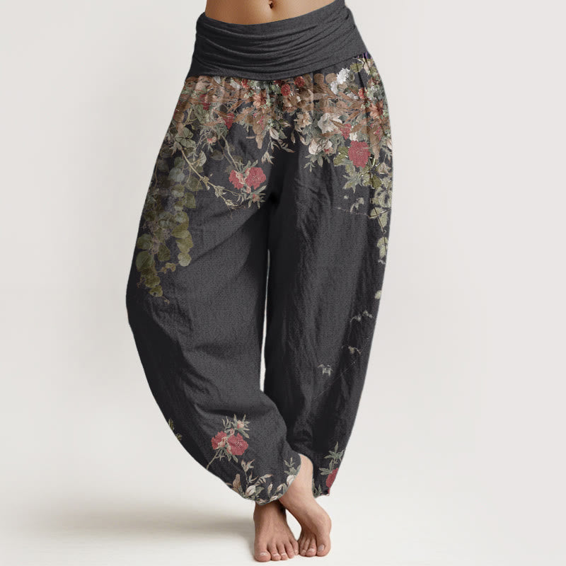 Buddha Stones Pure Cotton Casual Red Peony Flower Vine Design Women's Elastic Waist Harem Pants - Black - US22,UK/AU26,EU54 (6XL) - image 0