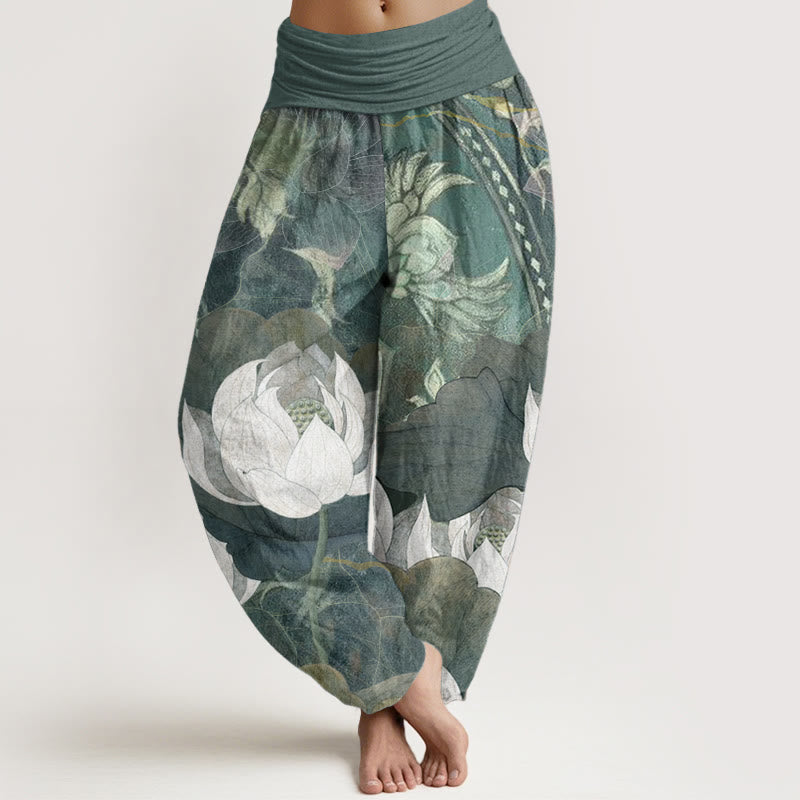 Buddha Stones Pure Cotton White Lotus Leaves Pattern Casual Women's Elastic Waist Harem Pants - DarkSeaGreen - US22,UK/AU26,EU54 (6XL) - image 0