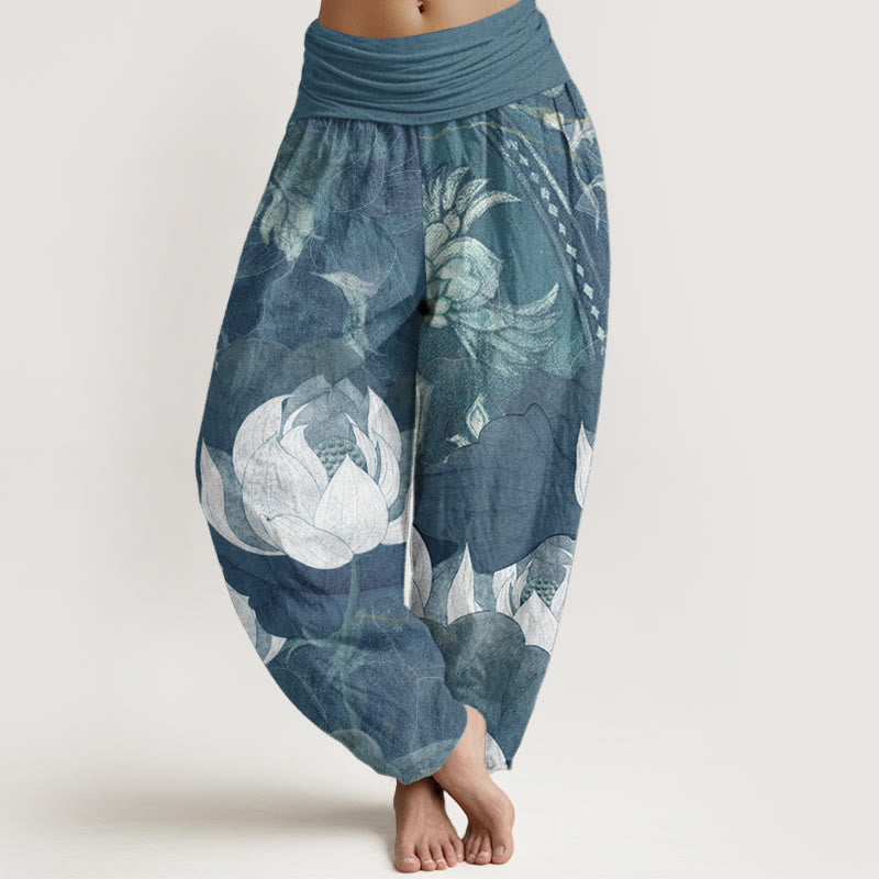 Buddha Stones Pure Cotton White Lotus Leaves Pattern Casual Women's Elastic Waist Harem Pants - LightBlue - US22,UK/AU26,EU54 (6XL) - image 5