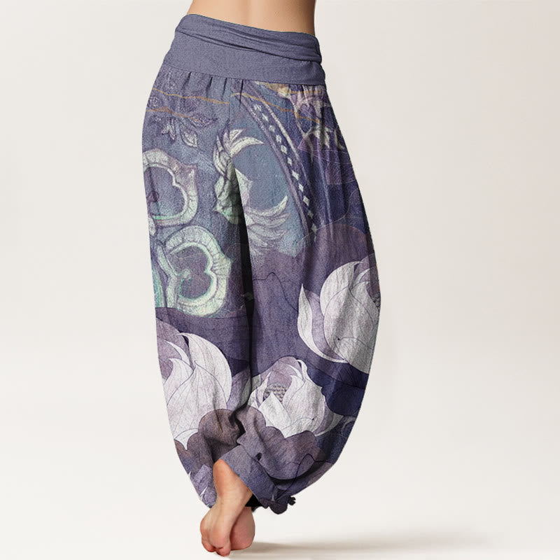 Buddha Stones Pure Cotton White Lotus Leaves Pattern Casual Women's Elastic Waist Harem Pants - image 9