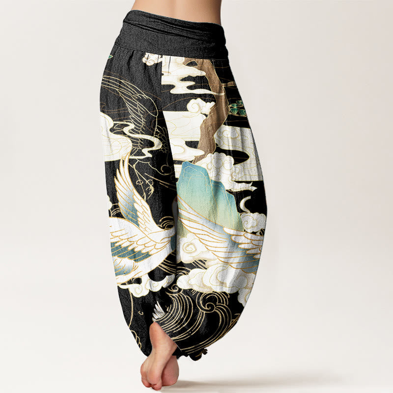 Pantalon harem à taille élastique pour femme, motif grues volantes et nuages de bon augure sur coton pur Foviel