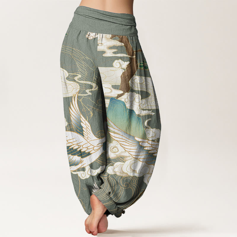 Pantalon harem à taille élastique pour femme, motif grues volantes et nuages de bon augure sur coton pur Foviel